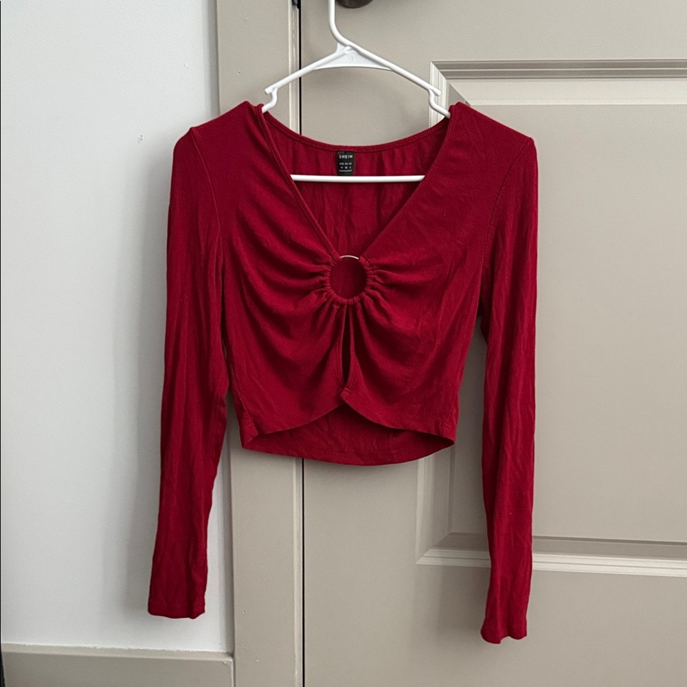 SHEIN Red Gathered Front Long Sleeve Blouse